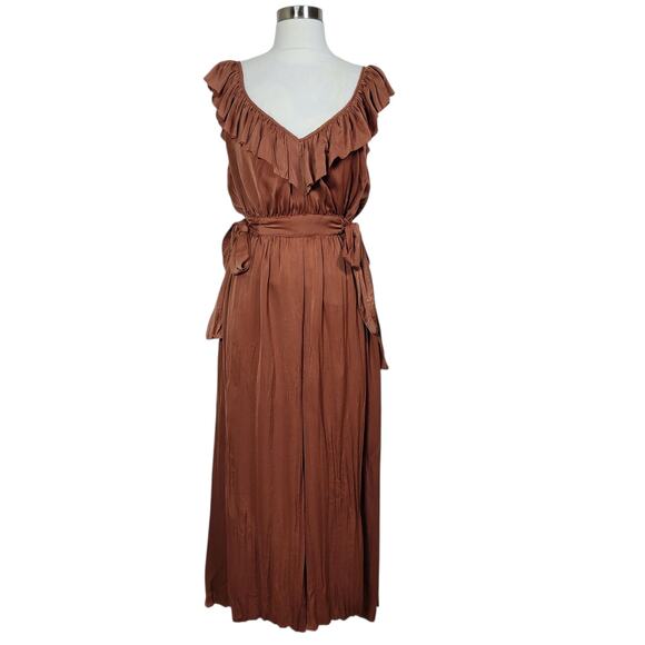 Zara Satin Ruffle Pleated Wrinkle Wide Leg Keyhole Boho Chic Jumpsuit Size Large - Picture 1 of 12